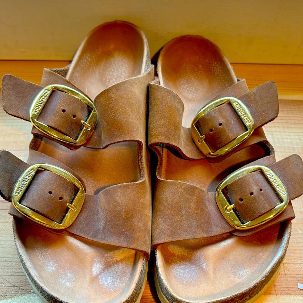 Birkenstock Brown Sandals with Gold Buckles